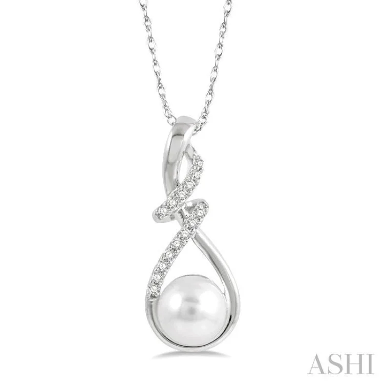 1/10 ctw Swirl Top 7X7  MM Cultured Pearl and Round Cut Diamond Fashion Pendant With Chain in 10K White Gold