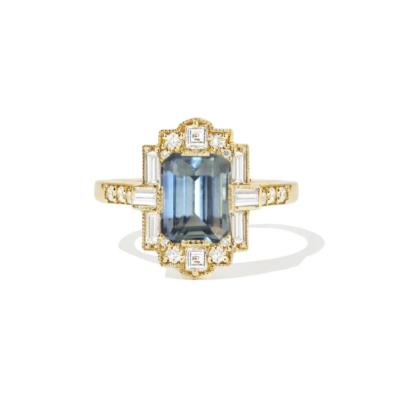 Teal Sapphire Deco Emerald Cut Diamond Mosaic Ring