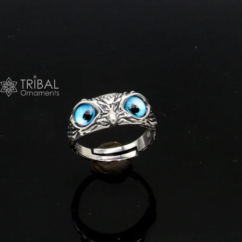 925 sterling silver blue eyes Owl Ring ,Bird Ring , Bird Lover Jewelry sr713