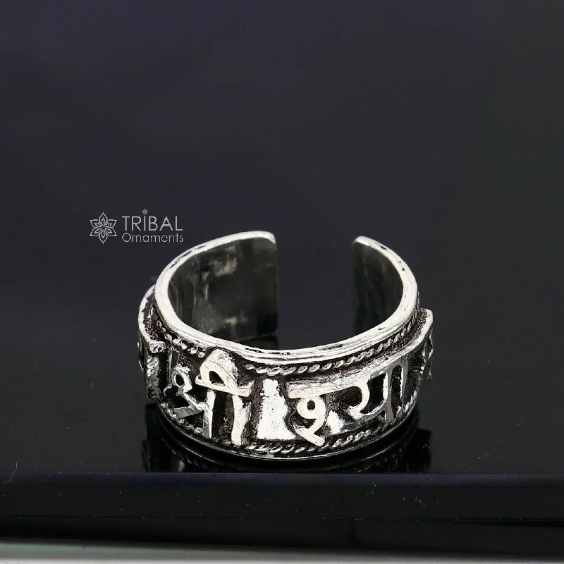 925 sterling silver 12mm wide solid handmade Adjustable idol Krishna mantra "Jai Shri Shyam" ring band, thumb ring oxidized jewelry sr380