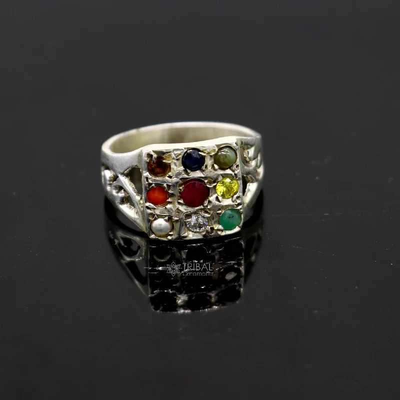 925 sterling silver customized Navratan stone ring fabulous stylish design 9 stone pendant tribal ethnic unisex jewelry sr370