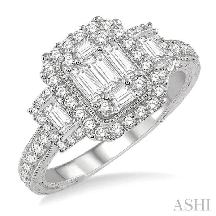 7/8 ctw Tiered Octagonal & Rectangular Mount Baguette and Round Cut Diamond Engagement Ring in 14K White Gold