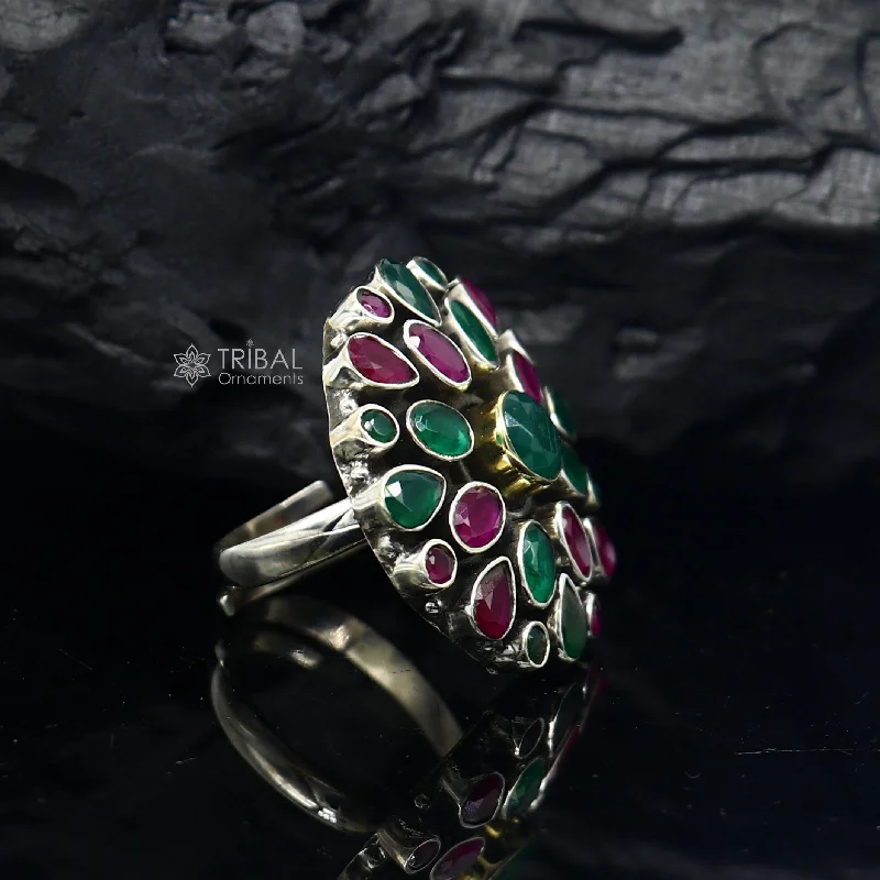 Green and red cut stone 925 sterling silver handmade silver charm ring band adjustable ring brides personalized jewelry sr405