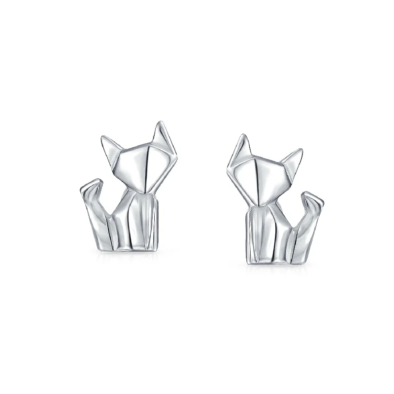 3D Geometric Origami Cat Stud Earrings in Sterling Silver