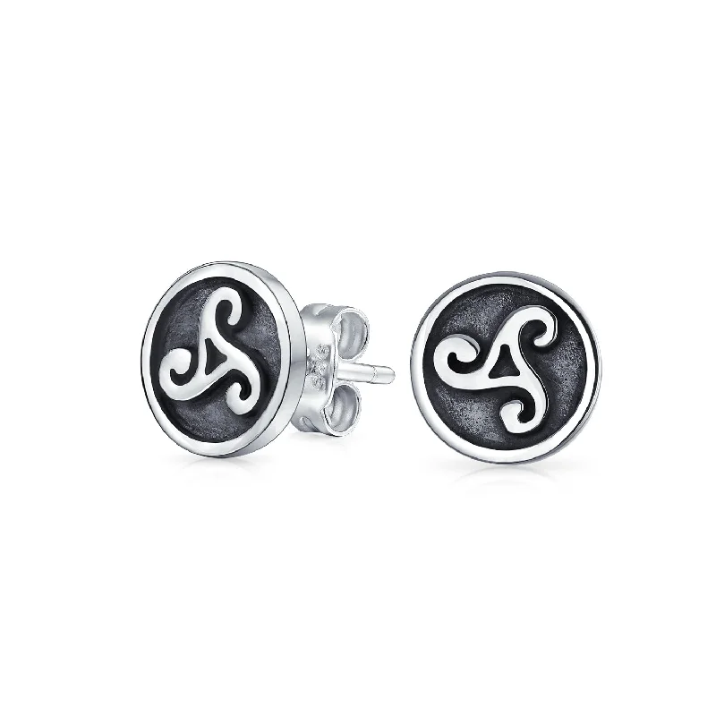 Ancient Celtic Triskele Stud Earrings in Oxidized Sterling Silver for Men