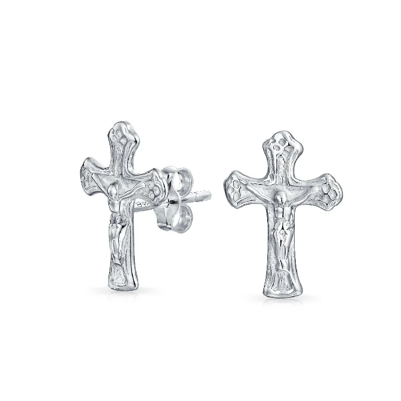 Catholic Crucifix Cross Stud Earrings for Men - Sterling Silver Communion Gift