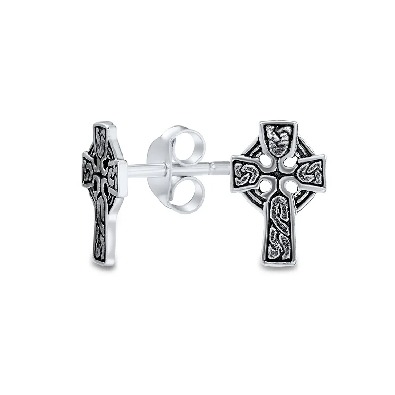 Religious Celtic Knot Cross Stud Earrings in Oxidized Sterling Silver for Men