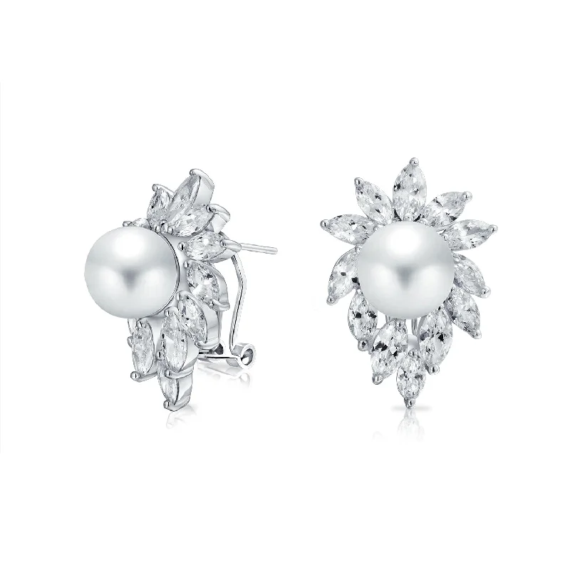 Classic Vintage Halo Leaf CZ Stud Earrings with Marquise Simulated Pearl Silver