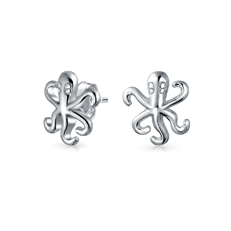 Delicate Nautical Ocean Marine Life Squid Octopus Stud Earrings in Sterling Silver