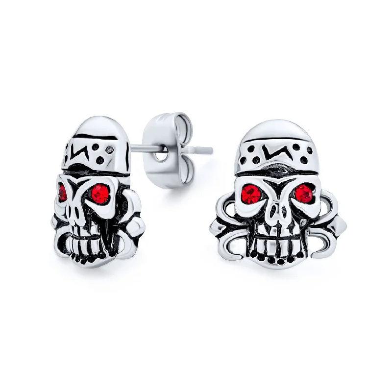 Halloween Pirate Skull Red Crystal Stud Earrings for Men, Silver Tone Stainless Steel