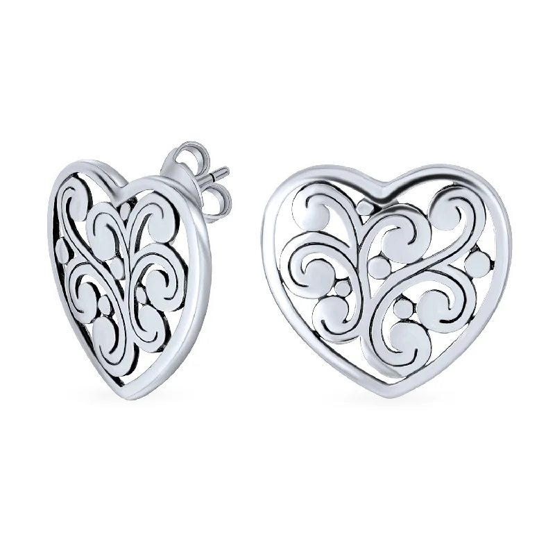 Heart Shaped Swirl Filigree Stud Earrings in Sterling Silver for Girlfriend