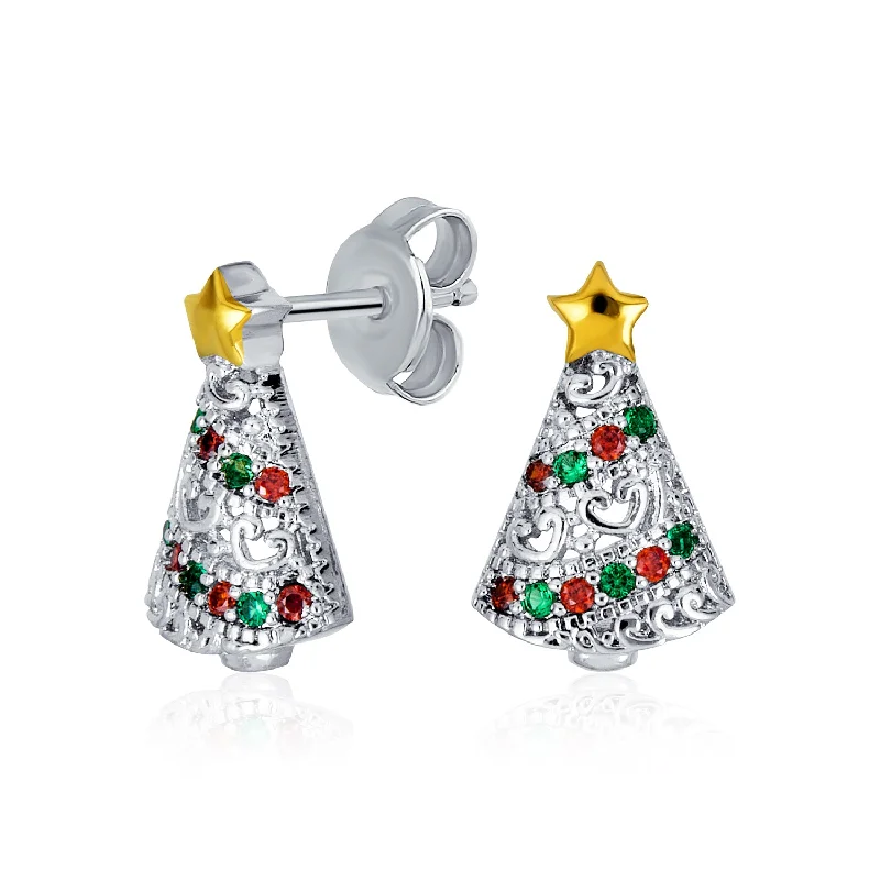 Holiday Star CZ Stud Earrings: Red & Green Sparkly Christmas Tree Design