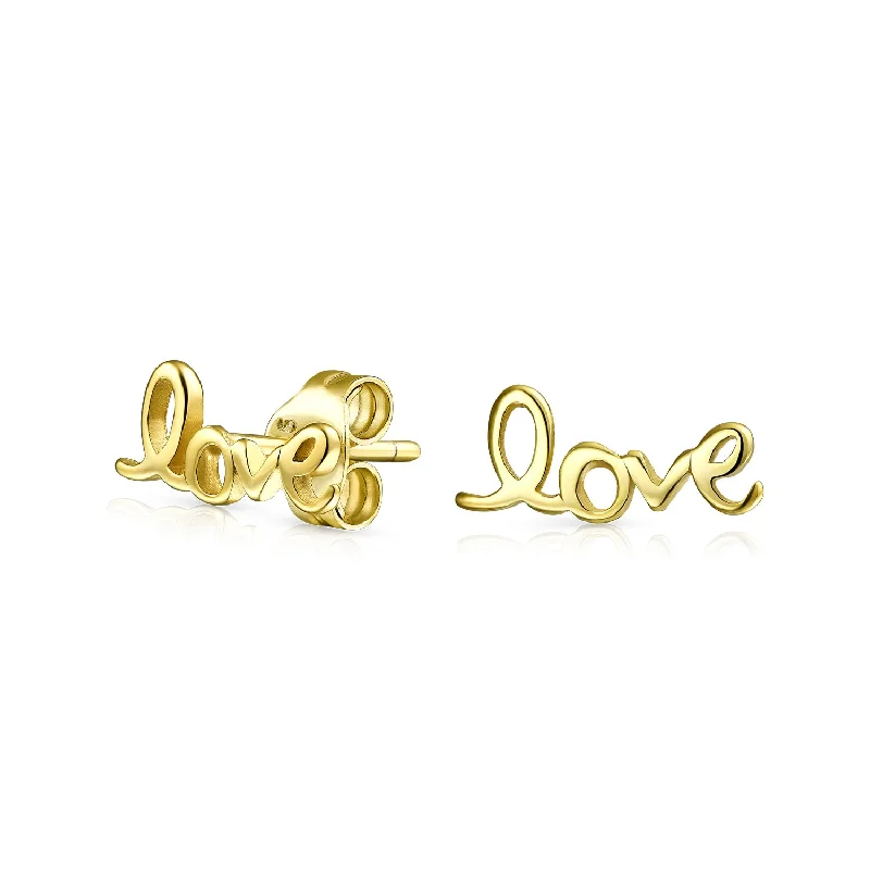 Inspirational Love Script Stud Earrings for Girlfriend 14K Gold Sterling Silver