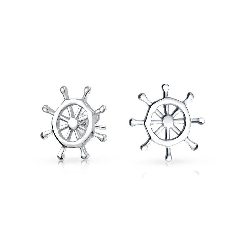 Nautical Ship Wheel Stud Earrings in Sterling Silver, Small Tropical Design