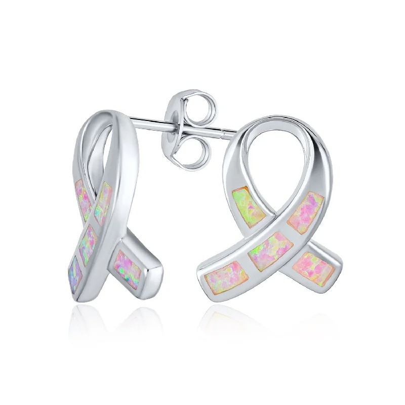 Pink Opal Ribbon Breast Cancer Awareness Stud Earrings Sterling Silver 8MM