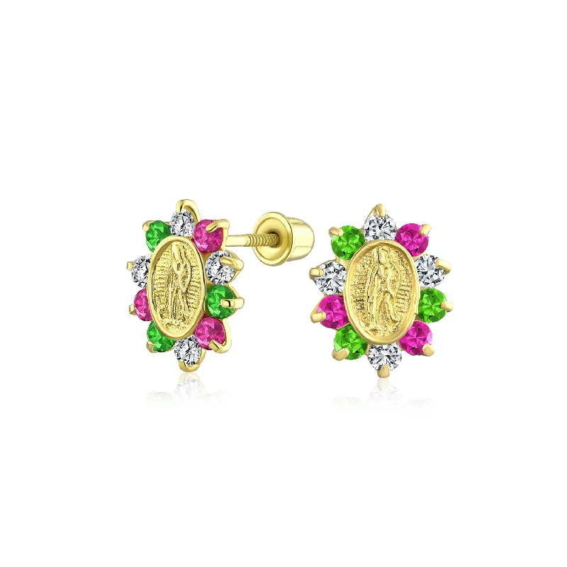 Small Green Pink CZ Stud Earrings with Holy Mother Medallion in 14K Gold