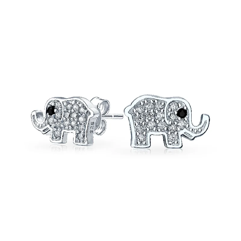 Tiny Pave CZ Stud Earrings: Good Luck Wise Elephant in Sterling Silver