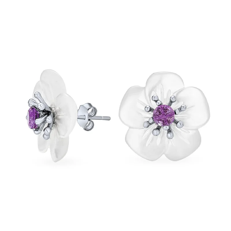 White Mother of Pearl Flower Stud Earrings with Amethyst in Sterling Silver