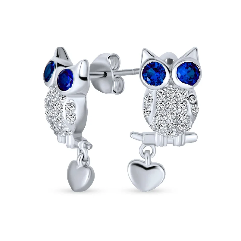 Wise Graduate Owl CZ Stud Earrings with Blue Eye and Heart Charm in Sterling Silver