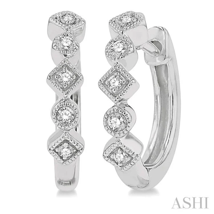 1/10 ctw Circular & Rhombus Mount Round Cut Diamond Huggies Earring in 10K White Gold