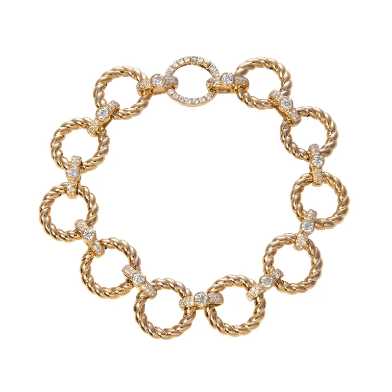 Diamond & Circle Rope Link 14K Yellow Gold Bracelet