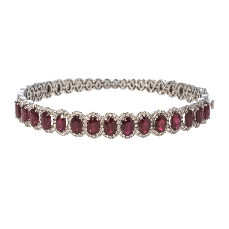 Oval Ruby & Diamond Halo 14K White Gold Bangle