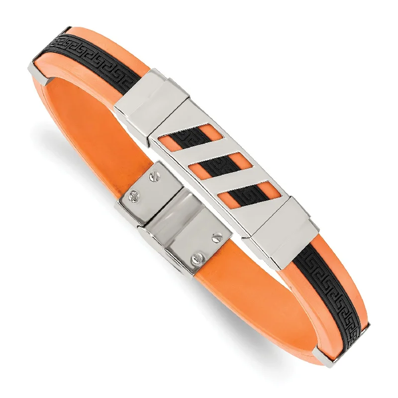 Stainless Steel Black and Orange Rubber 8in Bracelet