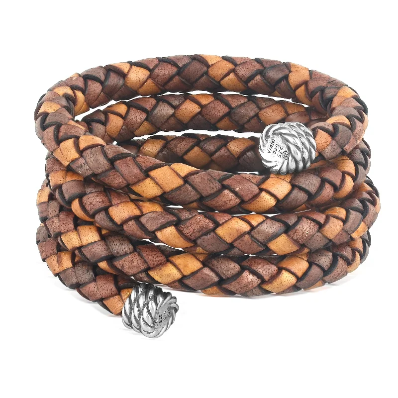 Sterling Silver Multi-Color Braided Brown Leather Coil Wrap Bracelet, 34 Inches