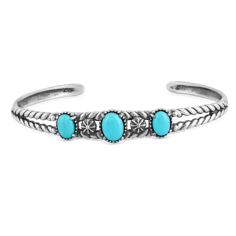 EXCLUSIVELY OURS! Sterling Silver Sleeping Beauty Turquoise 3-Stone Rope Cuff Bracelet, Sizes Small to Large