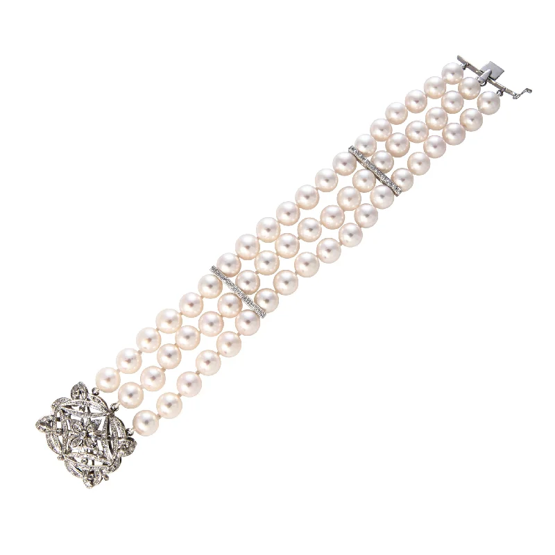 Three Strand Akoya Pearl & Diamond Clasp 14K Gold Bracelet