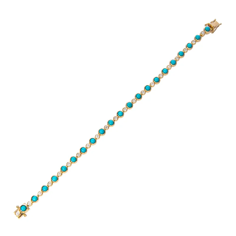 Turquoise & Diamond Bezel Set 14K Yellow Gold Tennis Bracelet